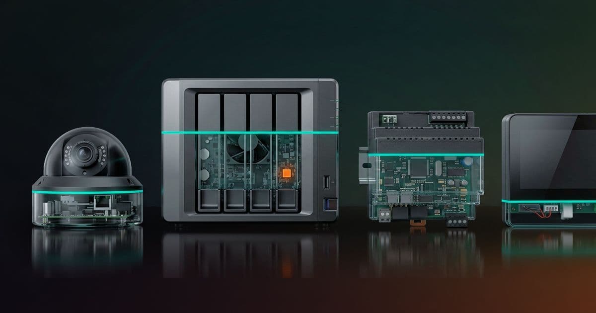 Four connected devices in a row: a security camera, a network storage unit, a building controller, and a thermostat. A teal scan line crosses each one, showing its circuit board beneath, and one chip inside the storage unit glows orange.