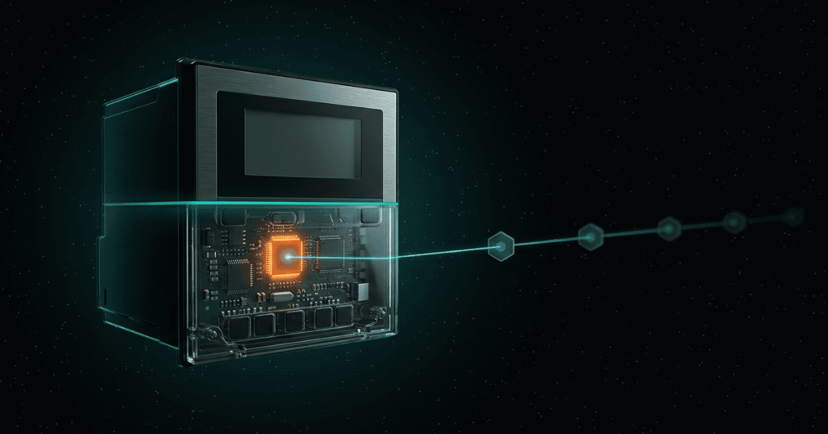 A protective relay crossed by a teal scan line, glass below revealing a chip glowing orange, with a teal thread leading to hexagons fading into dark.