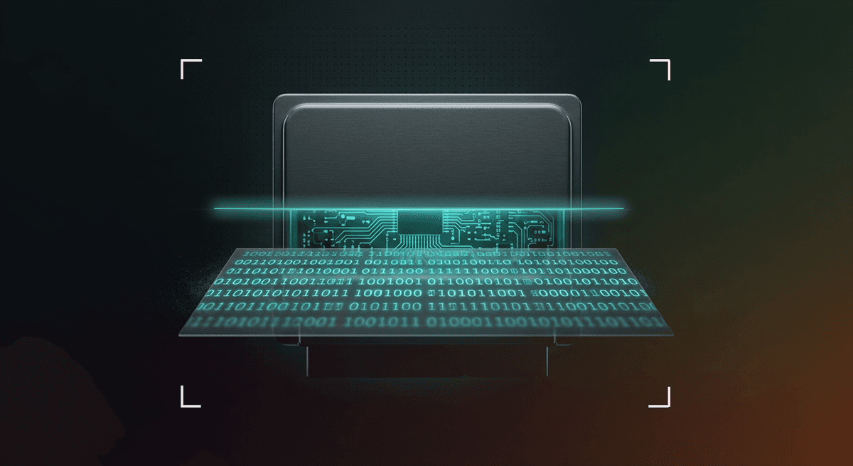 Dark, technical illustration of a hardware module with a glowing teal scan line revealing circuit board internals above a translucent panel of binary code, framed by corner brackets on a dark background..