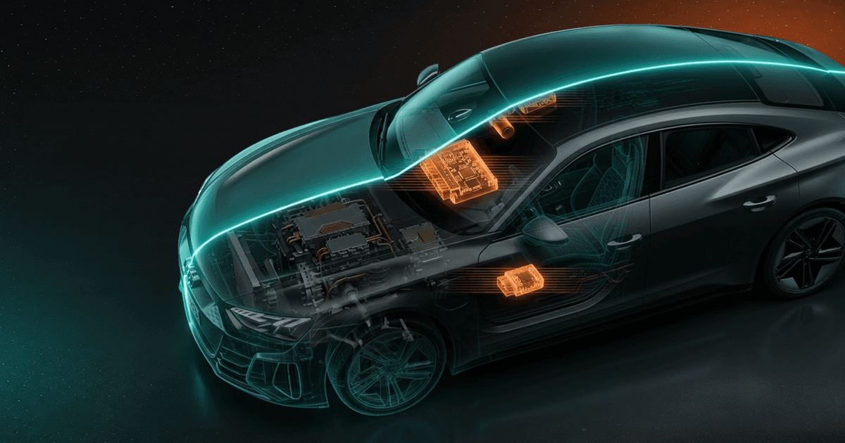 X-ray 3/4 view of a connected vehicle, the dark car body shown in shadow while its internal electronics — infotainment unit, telematics module, OBD-II dongle, and dashcam — glow orange and are revealed by scan line passing through the car.