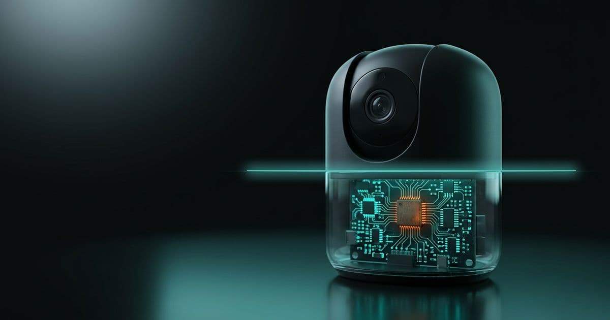 3D render of a black indoor security camera with a horizontal scan line across its midsection. Above the line, the housing is solid matte black; below, it's translucent, exposing a circuit board lit in teal with one distinct orange chip at its center. Dark background with soft teal reflections.