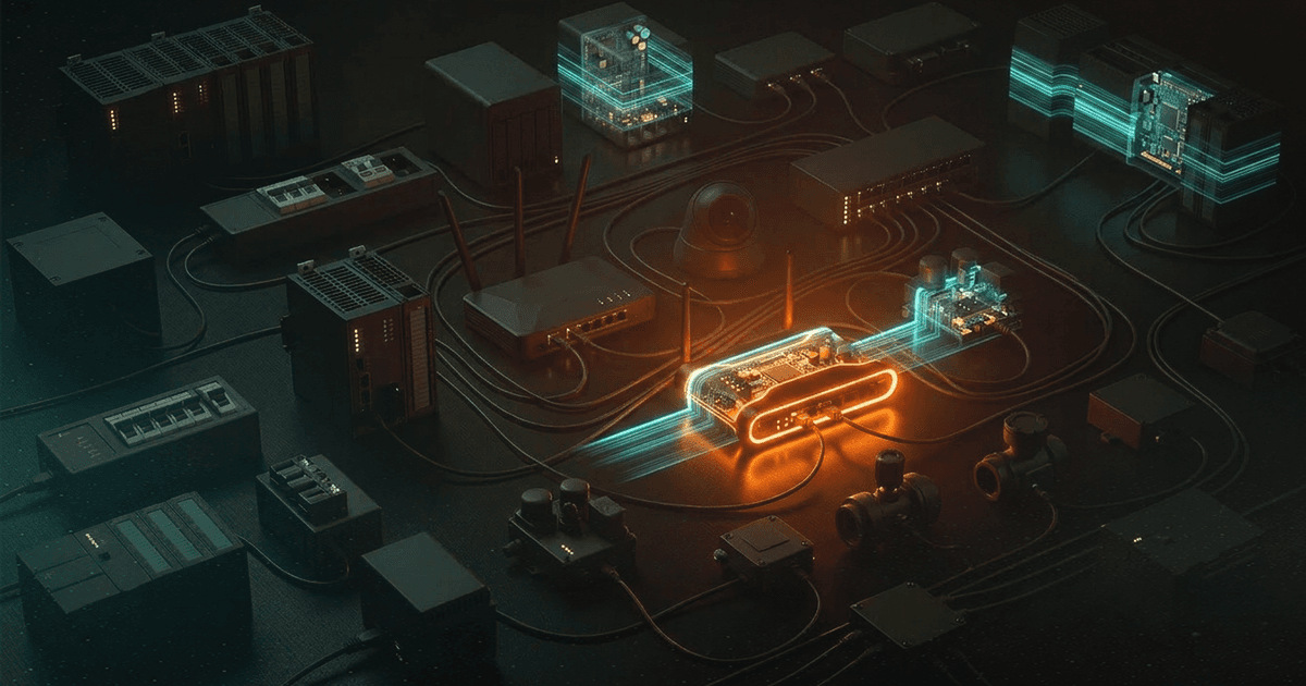 Overhead view of a dense array of dark, unlit connected devices—PLCs, gateways, cameras, routers—linked by cables, with one device in the center glowing bright orange while every other device stays dim, representing a single reachable vulnerability flagged among many.