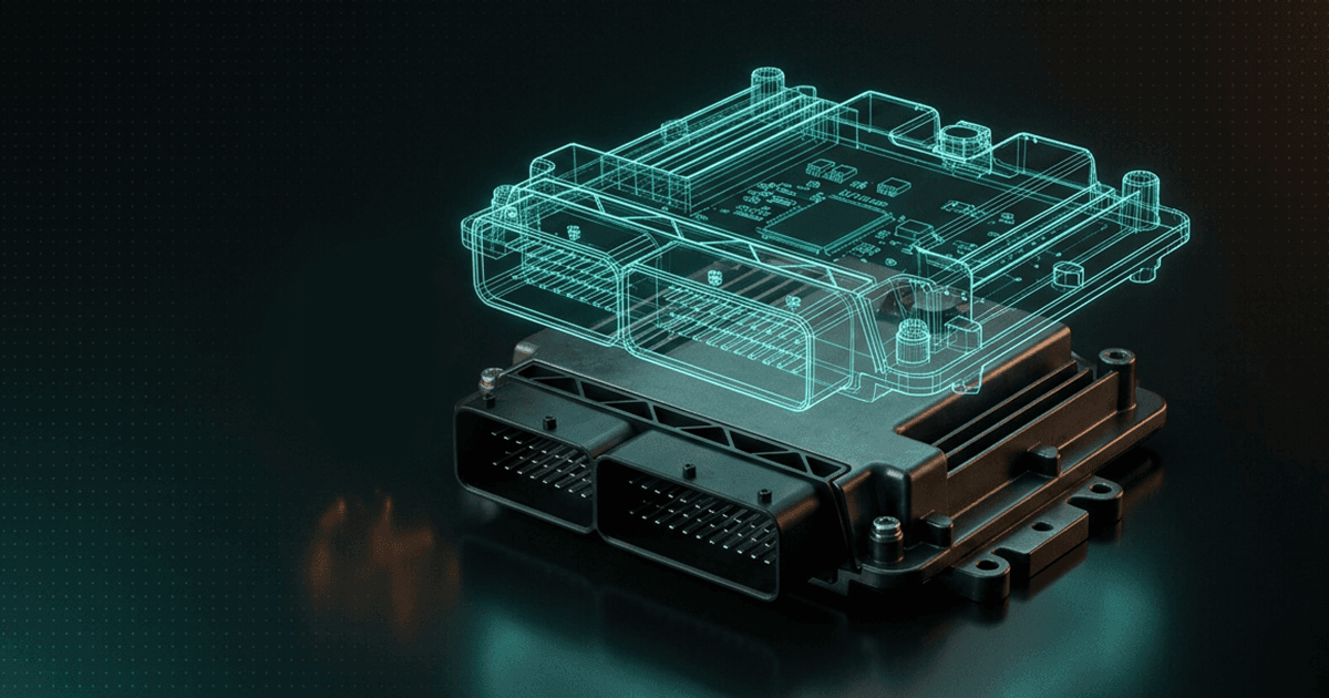 A dark automotive ECU control module with a glowing teal wireframe twin hovering above it, mostly aligned with the physical device below, illustrating the gap between a supplier's claimed component list and what's actually inside..