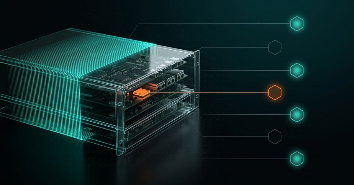Rack-mounted network appliance rendered transparent by a teal scan line, with seven hexagonal check nodes beside it: four teal, two unlit, one orange.