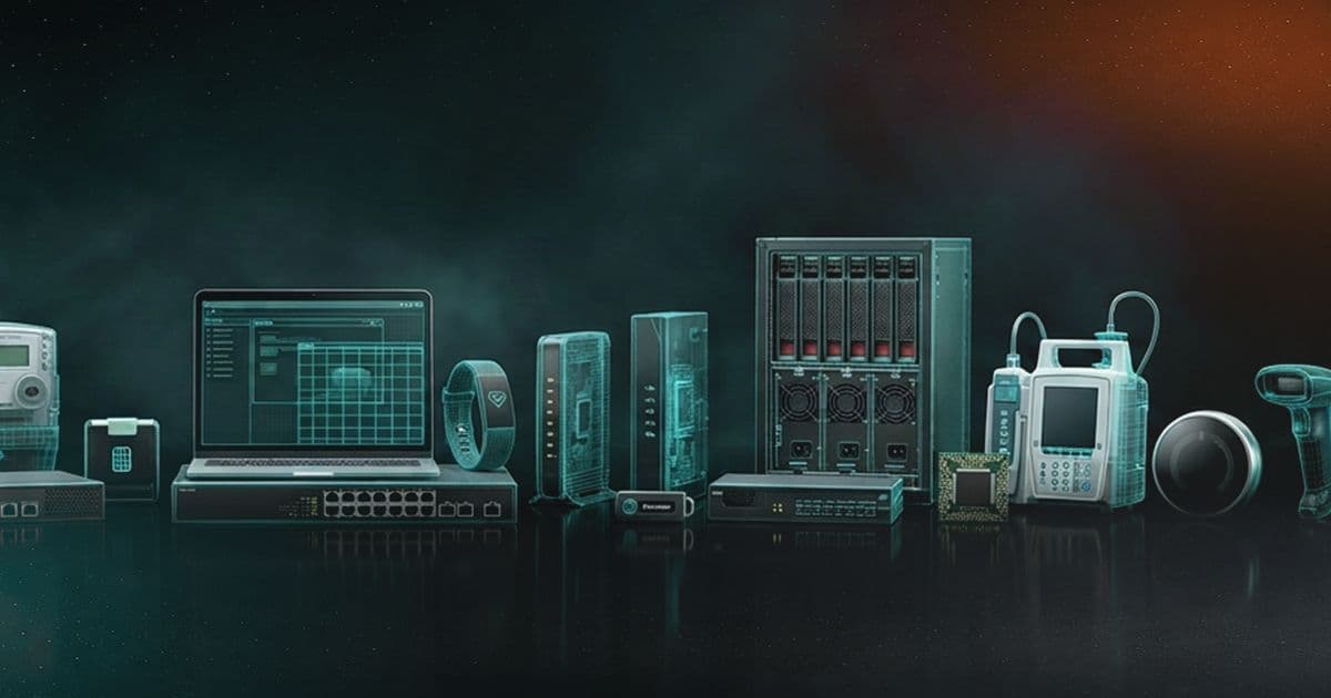 An illustration of connected devices in dark teal against a black background with a hint of orange in the upper right — from left to right: a smart meter, a network switch, a laptop displaying a dashboard, a fitness tracker/smartwatch, a cable modem, a router, a rack-mounted server with multiple drive bays, a USB drive, another small router, a computer chip, an infusion pump, a smart speaker or lock, and a barcode scanner. The glowing, translucent rendering evokes cybersecurity and connected/IoT devices.
