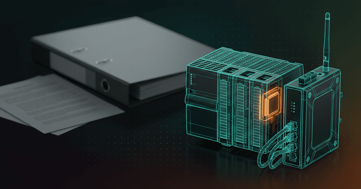 Dark, cinematic illustration contrasting a closed gray binder of paper documents, blurred in the background, with a sharply focused industrial control device rendered in glowing teal wireframe scan lines, one internal component highlighted in orange, symbolizing technical verification going beyond written regulation.
