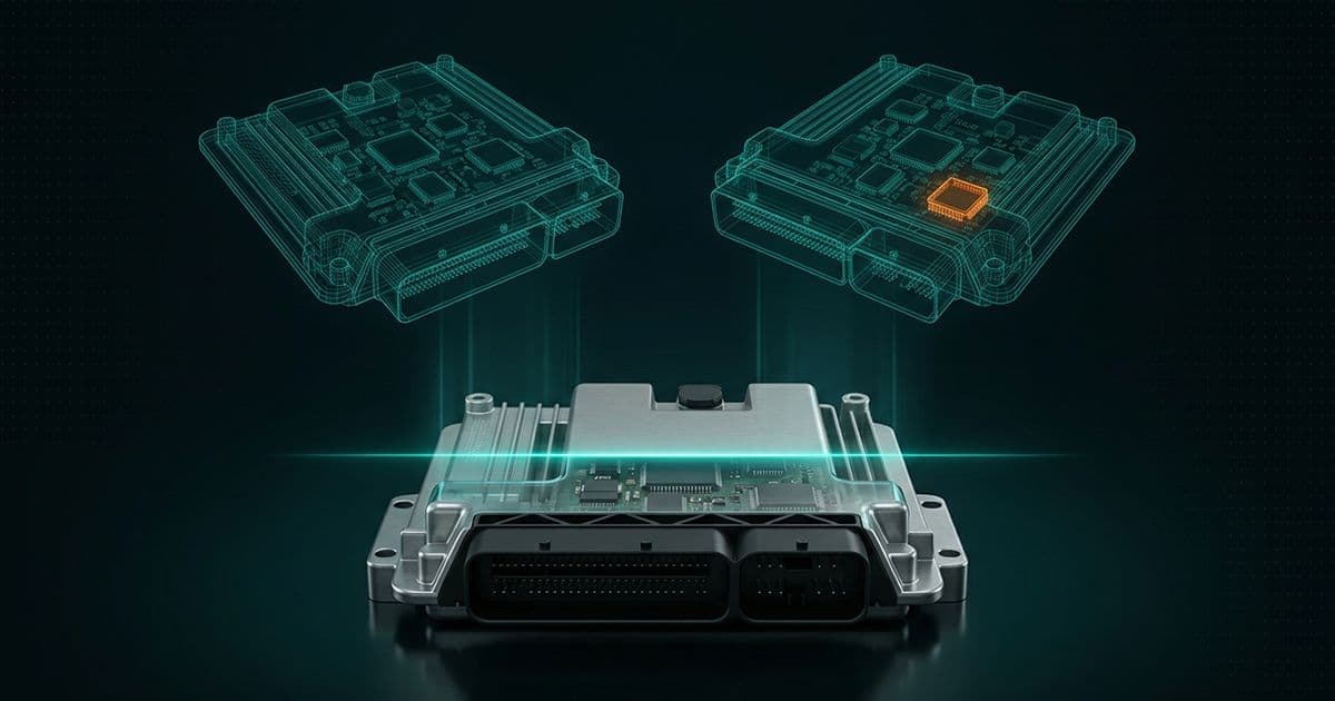 Scanned automotive ECU below two wireframe twins, one showing an extra orange component the other doesn't.