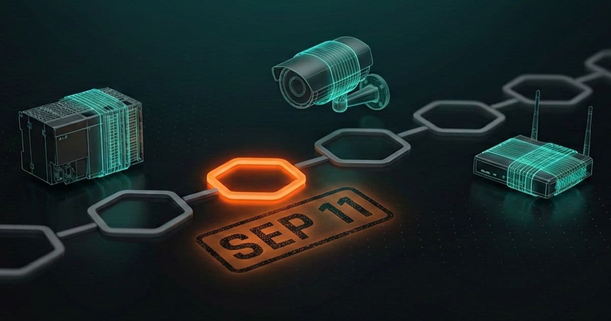 Illustration of the EU Cyber Resilience Act timeline showing connected devices — an industrial controller, security camera, and router — wrapped in teal wireframe scan lines and linked by a glowing hexagon chain, with the September 11 reporting deadline highlighted in orange.