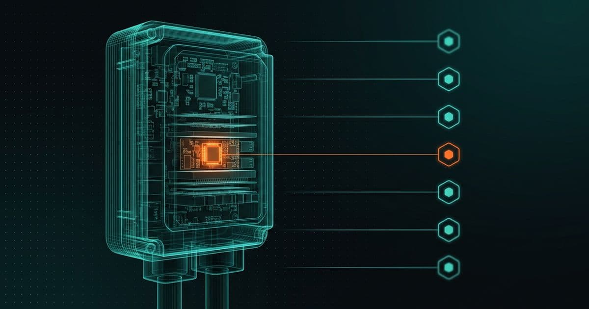 Transparent wireframe illustration of a computer hardware device with an orange-highlighted chip, connected to a vertical checklist of glowing hexagonal status indicators on a dark background.