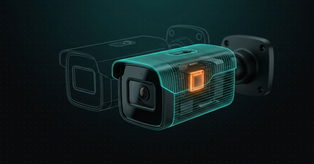Dark illustration of a security camera wrapped in glowing teal scan lines, with a faint mismatched blueprint outline behind it and one internal component highlighted in orange, symbolizing the gap between assumed and verified device contents.
