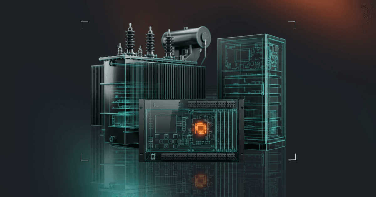A digital illustration of industrial electrical equipment, including a transformer and circuit control panel, with translucent teal circuitry overlays and a glowing orange microchip at the center, against a dark background.