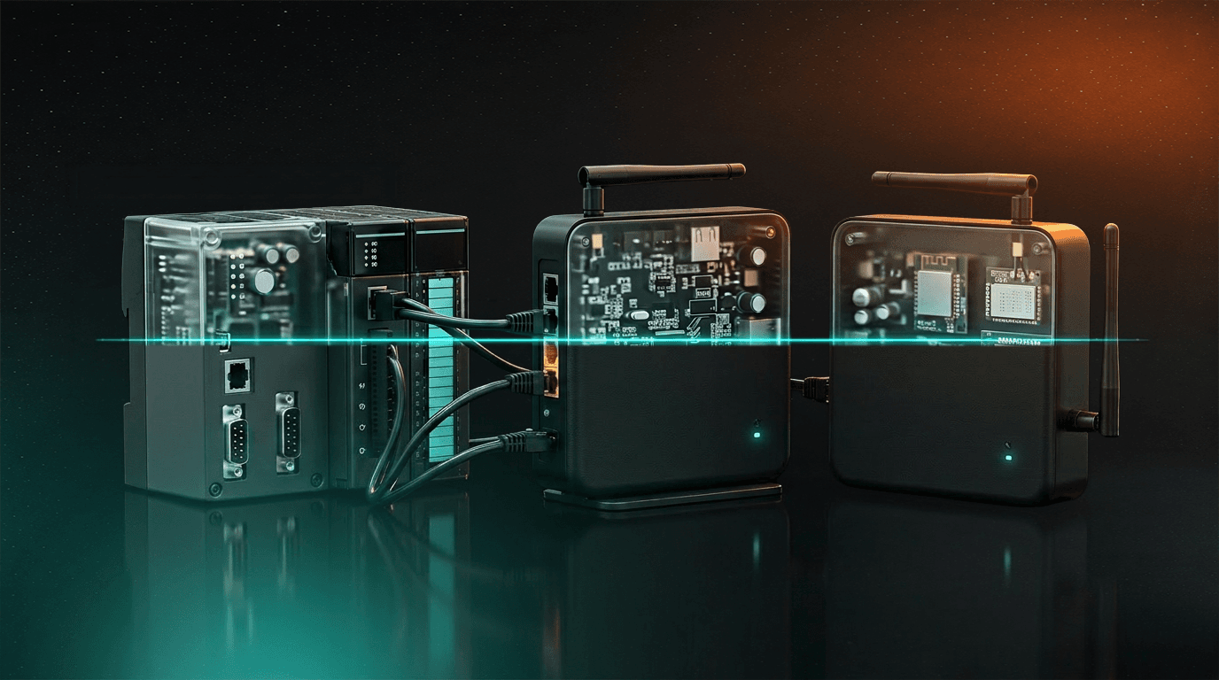 A lineup of connected devices — an industrial PLC, a network router, and a smart home IoT hub — on a dark reflective surface, each overlaid with a teal X-ray scan revealing the circuit boards inside, illustrating continuous security scanning for CRA compliance.