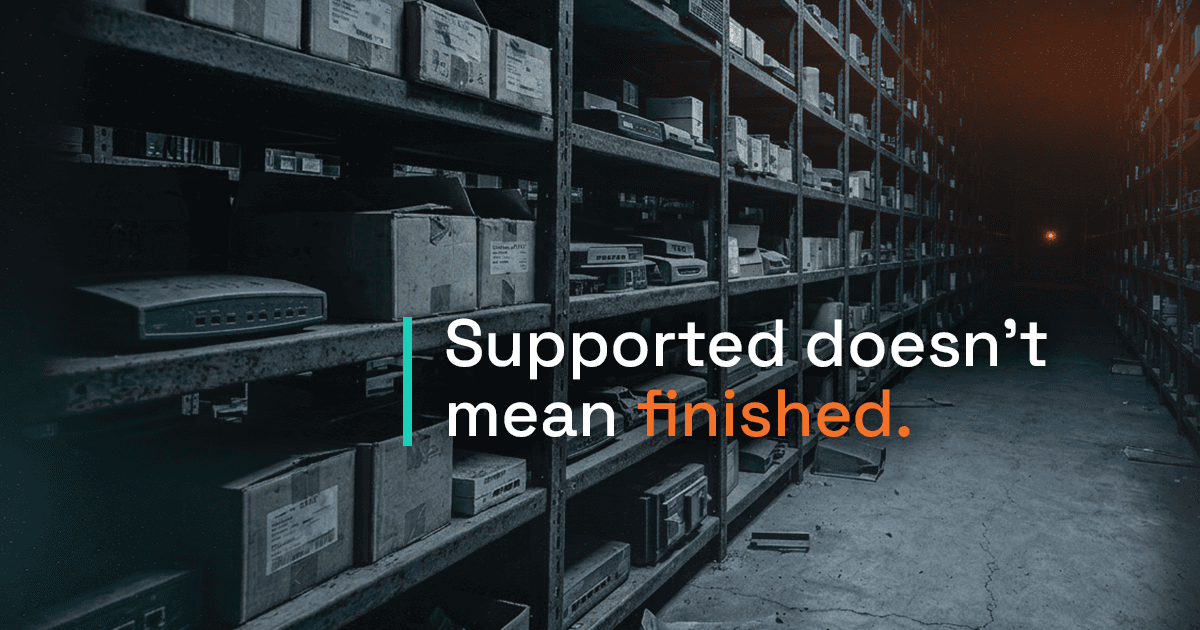 Large warehouse full of outdated IoT devices. Caption reads "Supported doesn't mean finished."